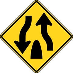 Divided highway ends. Prepare to change lanes or shift lane postion