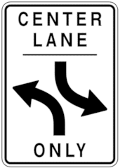 The center lane is only used for vehicles turning left, not for passing or overtaking. The only time a vehicle should enter the center lane is at a point where the vehicle will have time to slow down or stop to make a safe left turn. This lane should never be used for passing or as a through traffic lane.