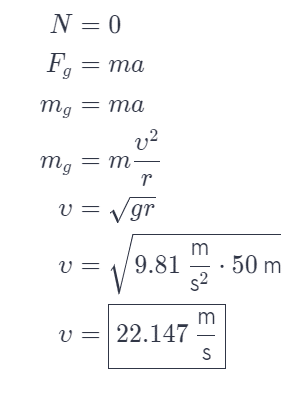 a car drives over the top of a hill that has a radius of 50 m .