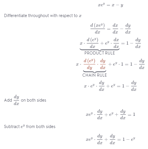 find dy/dx by implicit differentiation. xey = x − y