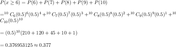 (10 choose 5) sequence of 10 trues or falses have 5 trues  2a + the chance of getting 5 = 1.  (1-((10choose5)/(2^10)))/2=a =  (1–252/1024)/2=a  a= 386/1024=193/512 Which is around 37.695%