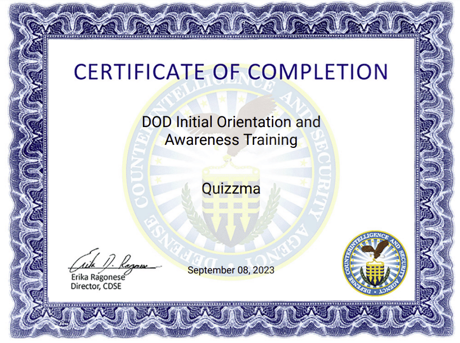 DOD Initial Orientation and Awareness Training certificate