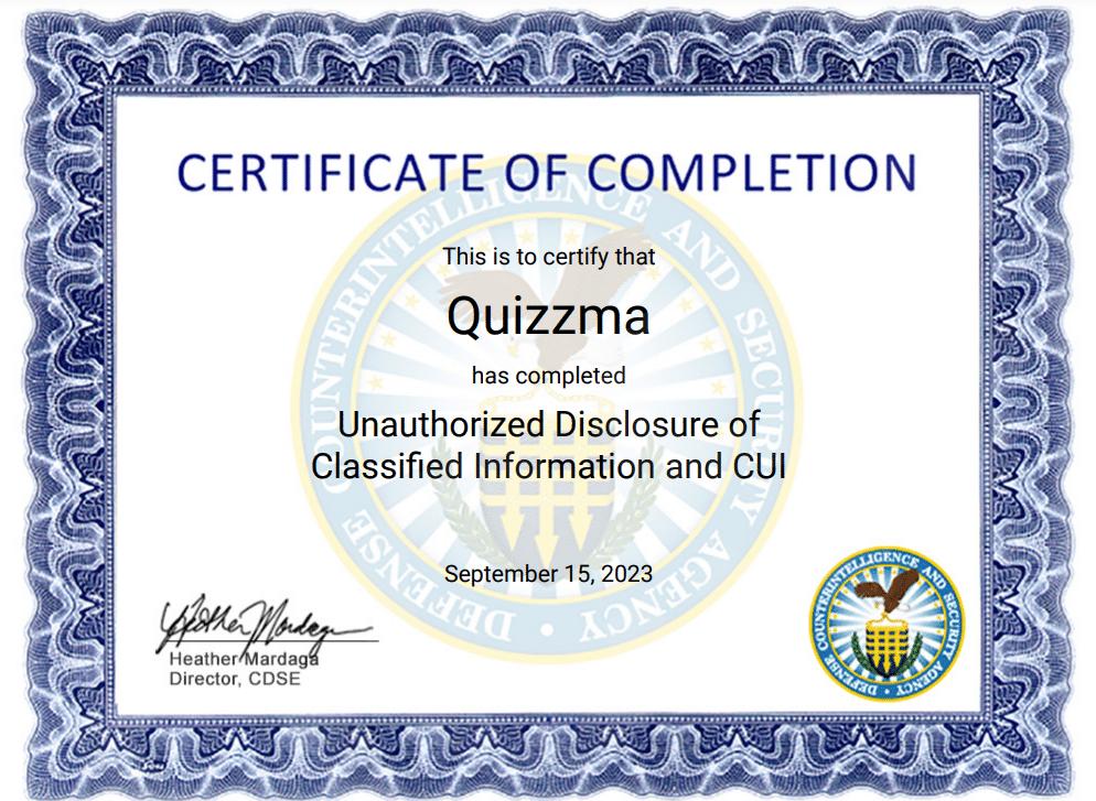 Unauthorized Disclosure of Classified Information and
Controlled Unclassified Information certificate