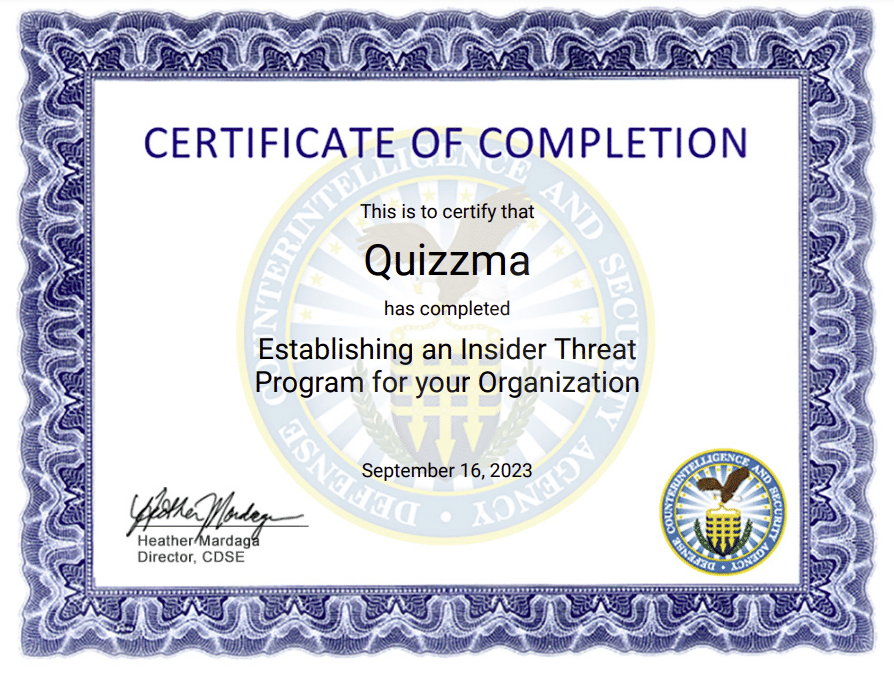 Establishing an Insider Threat Program for Your Organization certificate