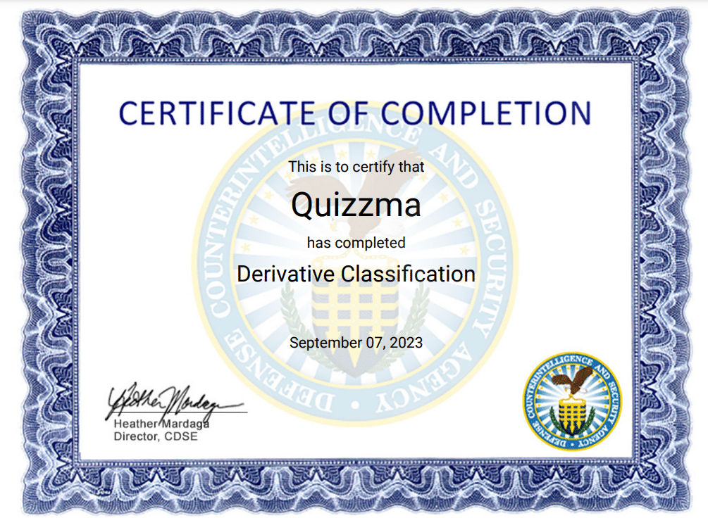 Derivative Classification certificate