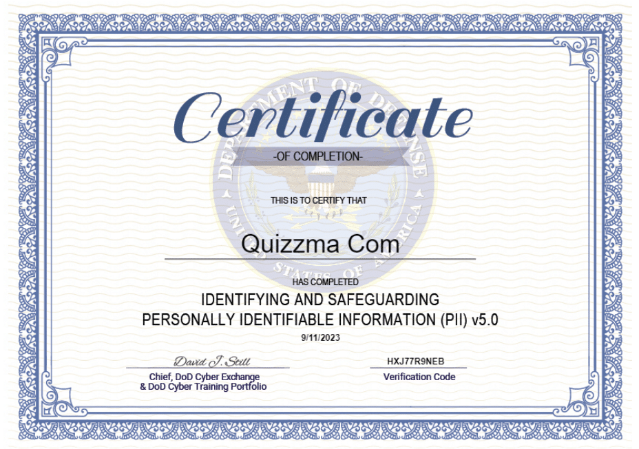 Identifying and Safeguarding Personally Identifiable Information certificate