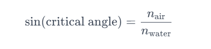 sin⁡(critical angle)=�air�watersin(critical angle)=nwater​nair​​
