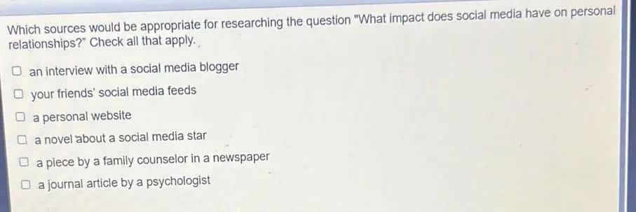 Which sources would be appropriate for researching the question "What impact does social media have on personal relationships?" Check all that apply