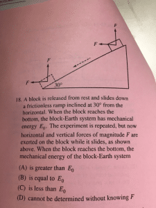a block is released from rest and slides down a frictionless ramp inclined at 30° from the horizontal. When the block reaches the bottom, the block-earth system has mechanical energy e0. The experiment is repeated, but now horizontal and vertical forces of magnitude f are exerted on the block while it slides, as shown above. When the block reaches the bottom, the mechanical energy of the block-earth system