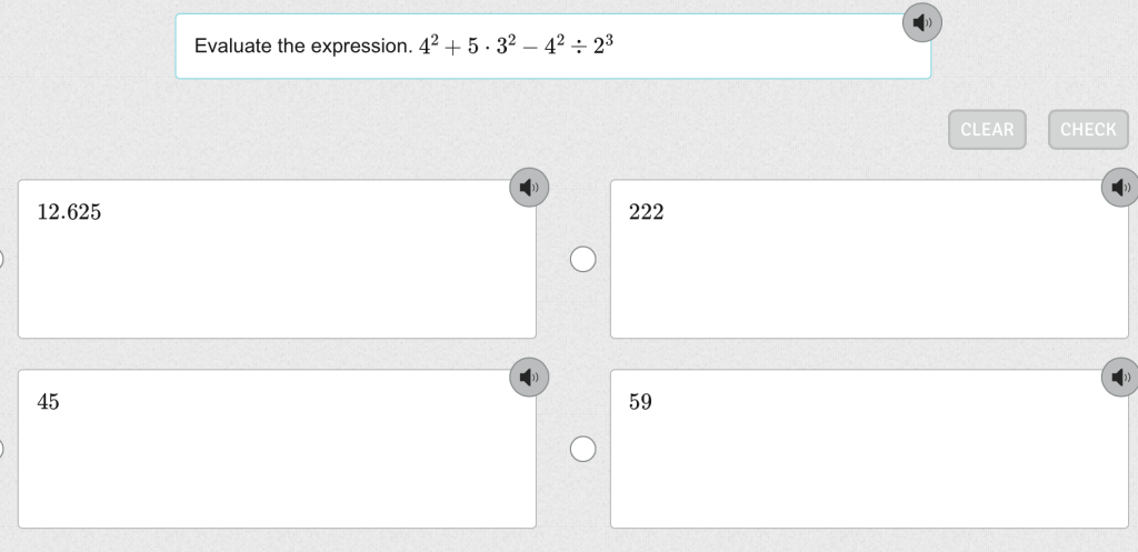 Evaluate the expression:
4
2
+
5
⋅
3
2
−
4
2
÷
2
3
4 
2
 +5⋅3 
2
 −4 
2
 ÷2 
3