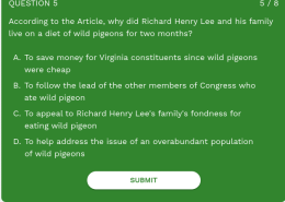 According to the Article, why did Richard Henry Lee and his family live on a diet of wild pigeons for two months?