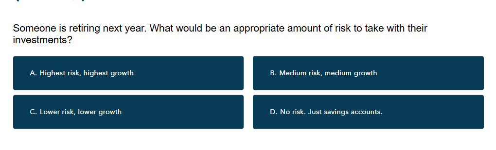 Someone is retiring next year. What would be an appropriate amount of risk to take with their investments?