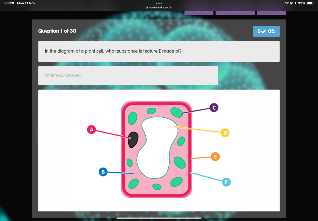 In the diagram of a plant cell, what substance is feature E made of?