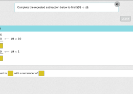 Complete the repeated subtraction below to find 576 ÷ 49. The quotient is ____ with a remainder of ____.