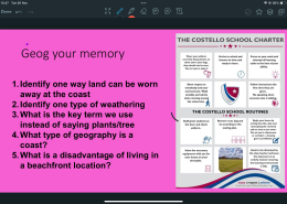 Identify one way land can be worn away at the coast  Identify one type of weathering  What is the key term we use instead of saying plants/tree  What type of geography is a coast  What is a disadvantage of living in a beachfront location