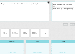 Drag the measurements to the containers to show equal weight