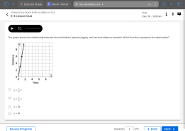 The graph shows the relationship between the time Katrina spends jogging and her total distance traveled. Which function represents the relationship?