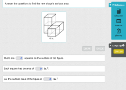 Four identical cubes are joined to make a new shape. Answer the questions to find the new shape’s surface area.