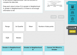 The box plots shown represent the average home price in two different neighborhoods. Use the box plots to compare the data sets. Drag each value to show if it is greater in Neighborhood A, greater in Neighborhood B, or if there is not enough information to tell.