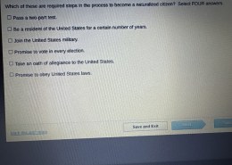 Which of these are required steps in the process to become a naturalized citizen? Select FOUR answers.