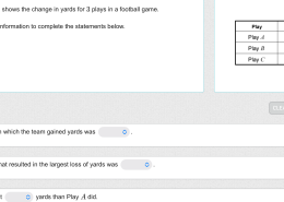 What information is presented in the table showing the change in yards for 3 plays in a football game?