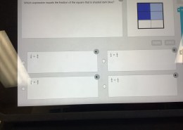 Which expression equals the fraction of the square that is shaded dark blue?