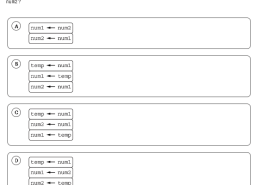 Which of the following code segments can be used to interchange the values of the variables num1 and num2?