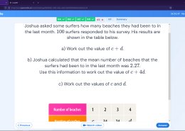 What are the values of c and d if 24 surfers went to 2 beaches and 4 surfers went to 3 beaches in the last month?