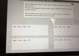 One car salesperson makes a weekly salary of $400, plus $100 commission for each car sold. The other car salesperson makes a weekly salary of $550, plus $70 commission for each car sold. Which equation can be used to solve for the number of cars, c, for which both salespeople make the same amount in one week