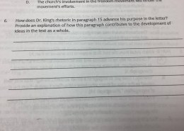 How does Dr. King’s rhetoric in paragraph 15 advance his purpose in the letter Provide an explanation of how this paragraph contributes to the development of ideas in the text as a whole.