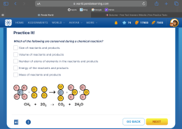 Which of the following are conserved during a chemical reaction? Size of reactants and products, Volume of reactants and products, Number of atoms of elements in the reactants and products, Energy of the reactants and products, Mass of reactants and products.