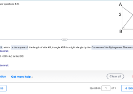 Since 2.4² + 1.8² = 9, which is the square of the length of side AB, triangle ADB is a right triangle by the Converse of the Pythagorean Theorem. Use the fact that AD + DC = AC to find DC. DC = (Type an integer or a decimal.).