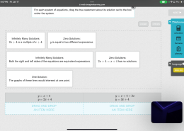 For each system of equations, drag the true statement about its solution set to the box under the system.