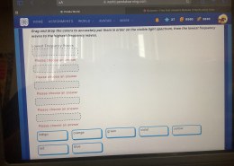 Drag and drop the colors to accurately put them in order on the visible light spectrum, from the lowest frequency waves to the highest frequency waves.