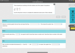 Three students are working to find the solution set of this system of equations:

y = 2x + 6
2y = 4x – 2

Use the drop-down menus to complete the statements about each of their methods.

Shannon correctly graphs the two lines and sees that they ______. This means the system has ______.

David correctly sees that y ______ be equal to both 6 more than twice a number and 1 less than twice a number at the same time.

Alex correctly concludes that because 2x + 6 and 2x – 1 ______ be equal, the system has ______.