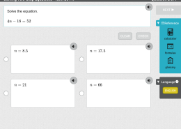 Solve the equation “4n – 18 = 52”