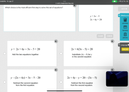 Which choice is the most efficient first step to solve this set of equations?