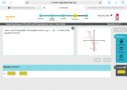 Lines c and d are parallel. The equation of line c is y = -3x – 5. What is the equation of line d?  
Equation of line d:  
y = _____x – _____.