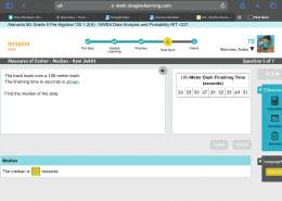 The track team runs a 100-meter dash. The finishing time in seconds is shown. Find the median of the data. 100-Meter Dash Finishing Time (seconds) 34, 23, 56, 47, 28, 32, 23, 49, 31