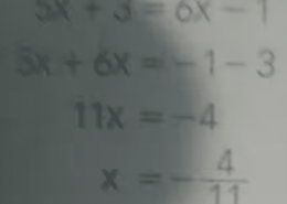 Solve the equation 5x + 3 = 6x – 1.