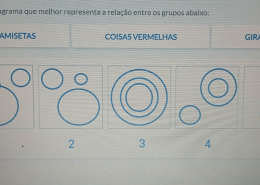 Escolha o diagrama que melhor representa a relação entre os grupos abaixo: CAMISETAS COISAS VERMELHAS GIRASSÓIS