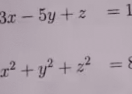 Solutions to the system of equations 3x – 5y + z = 10 and x² + y² + z² = 8  

3x – 5y + z = 10  
x² + y² + z² = 8