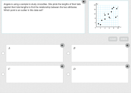 Angela is using a sample to study crocodiles. She plots the lengths of their tails against their total lengths to find the relationship between the two attributes. Which point is an outlier in this data set?  
A  
B  
C  
D