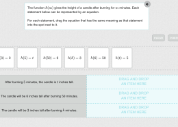 After burning 5 minutes, the candle is t inches tall. The candle will be 6 inches tall after burning 50 minutes. The candle will be 3 inches tall after burning k minutes. h(3) = k h(5) = t h(50) = 6 h(k) = 3 h(6) = 50 h(t) = 5