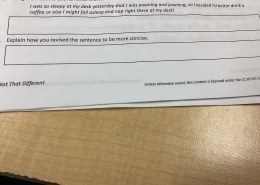 Using the methods above, revise this sentence to be more concise: 

I was so sleepy at my desk yesterday that I was yawning and yawning, so I decided I’d better drink a coffee or else I might fall asleep and nap right there at my desk! 

Explain how you revised the sentence to be more concise