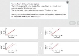 Which graph represents this situation and shows the number of hours it will take for the second truck to pass the first truck?